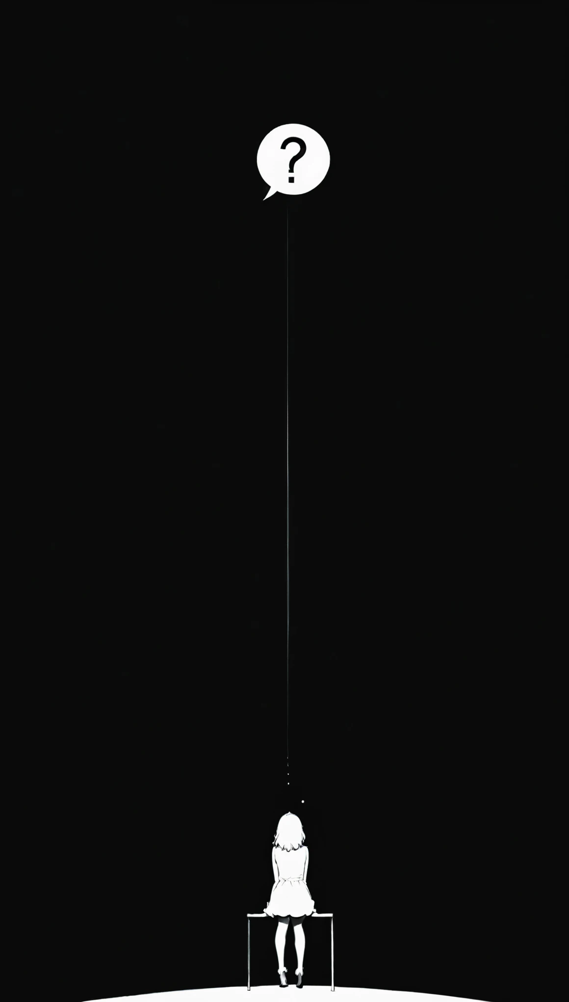 1girl,knees apart feet together,?,large areas of white space,black_background,minimalist background,sitting,at the bottom of the screen,(looking up side:1.5),from the side,comic,