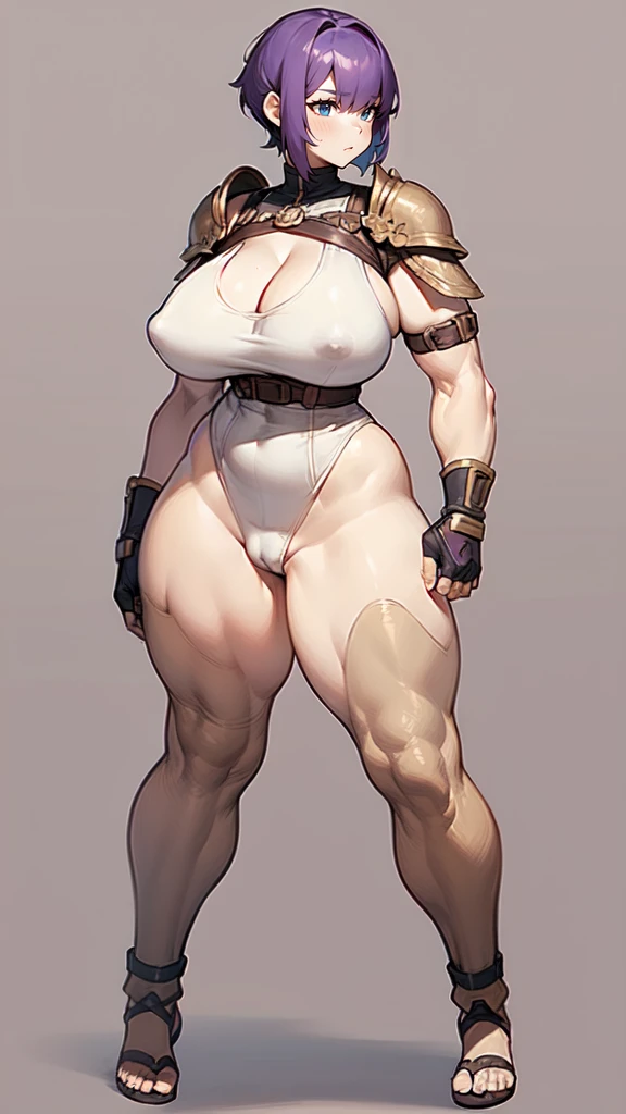 (masterpiece), best quality, female warrior, huge girl, female muscular:1.2, shoulder armor, pauldron, (((blank background))), ((full body)), fingerless gloves, sandals, sleeveless, covered nipples, ((buzzcut hairstyle)), purple hair, hair over eyes, (wide hips:1.5), thick thighs:1.7, ((camel toe)), (cleavage),