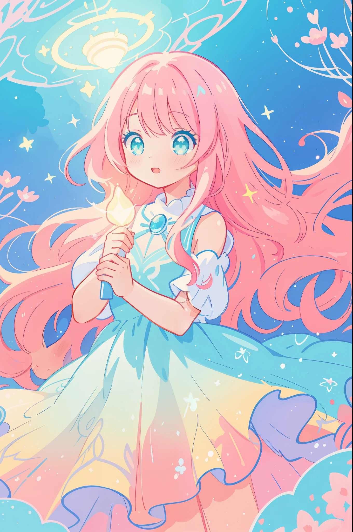 beautiful girl in sparkling white puffy dress, vibrant pastel colors, (colorful), magical lights, long flowing colorful pink hair, otherworldly aqua and blue landscape background, inspired by Glen Keane, inspired by Lois van Baarle, disney art style, by Lois van Baarle, glowing aura around her, by Glen Keane, jen bartel, glowing lights! digital painting, flowing glowing hair, glowing flowing hair, beautiful digital illustration, fantasia background, whimsical, magical, fantasy, beautiful face, ((masterpiece, best quality)), intricate details, highly detailed, sharp focus, 8k resolution, sparkling detailed eyes, liquid watercolor