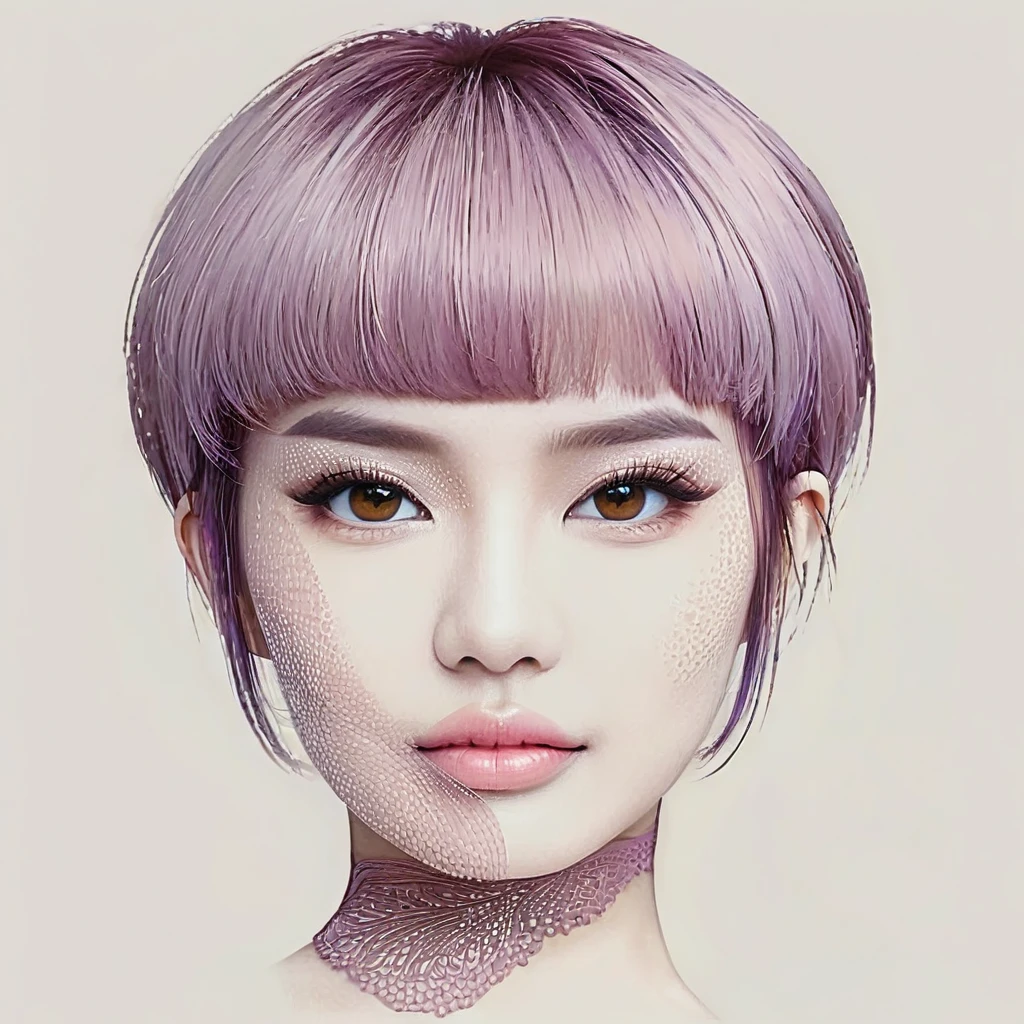 masterpiece, realistic, highly detailed, beautiful, a cute young indonesian woman, sleek straight hair, short bowcut haircut with undercut, purpled salmon haircolor, light makeup, brown eyes. detailed on the face and eye. elegant pose. charming and calming look. smiling slightly. blurred intricate abstract background.