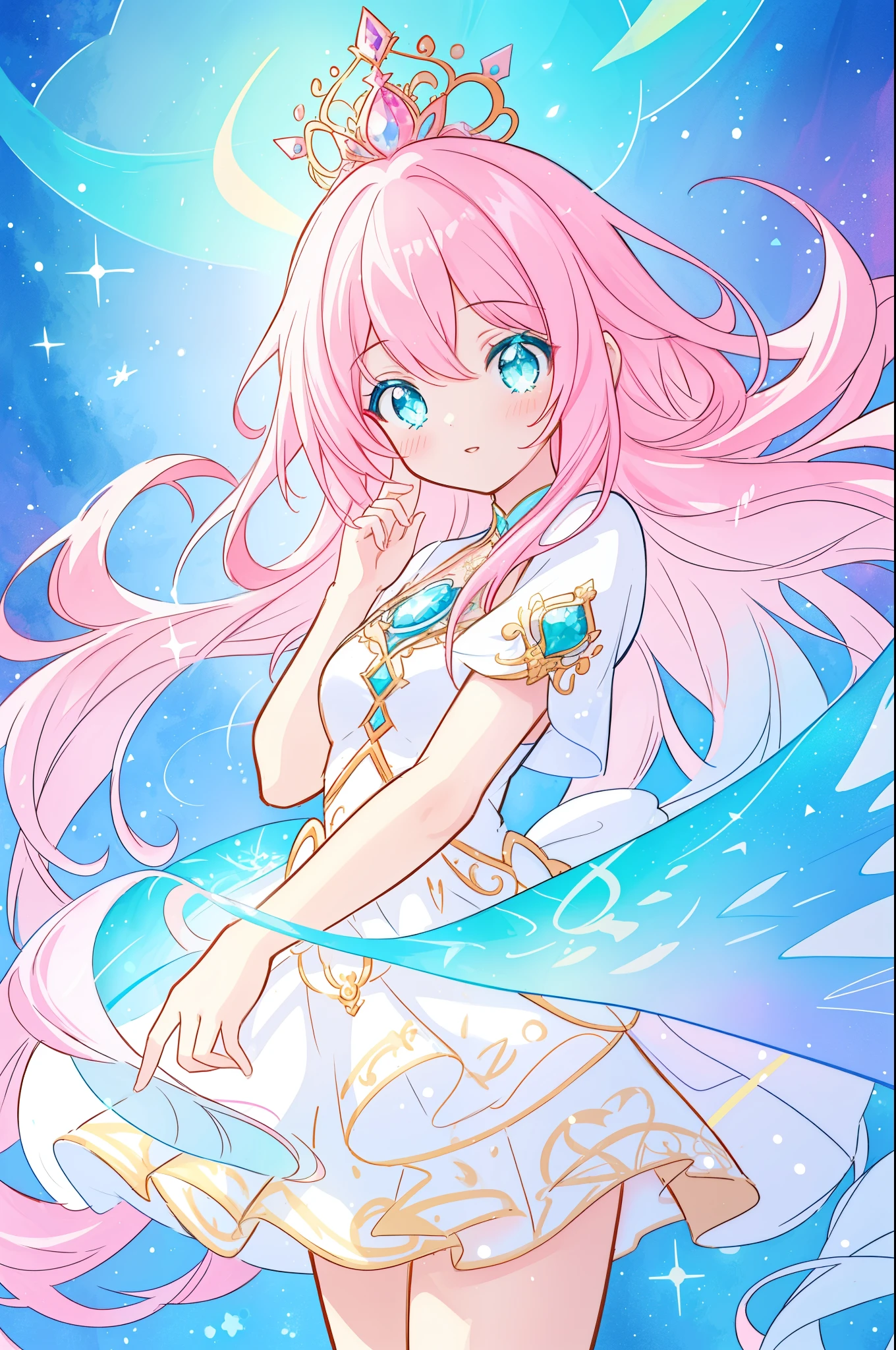 beautiful girl in sparkling white puffy dress, vibrant pastel colors, (colorful), magical lights, long flowing colorful pink hair, otherworldly aqua and blue landscape background, inspired by Glen Keane, inspired by Lois van Baarle, disney art style, by Lois van Baarle, glowing aura around her, by Glen Keane, jen bartel, glowing lights! digital painting, flowing glowing hair, glowing flowing hair, beautiful digital illustration, fantasia background, whimsical, magical, fantasy, beautiful face, ((masterpiece, best quality)), intricate details, highly detailed, sharp focus, 8k resolution, sparkling detailed eyes, liquid watercolor