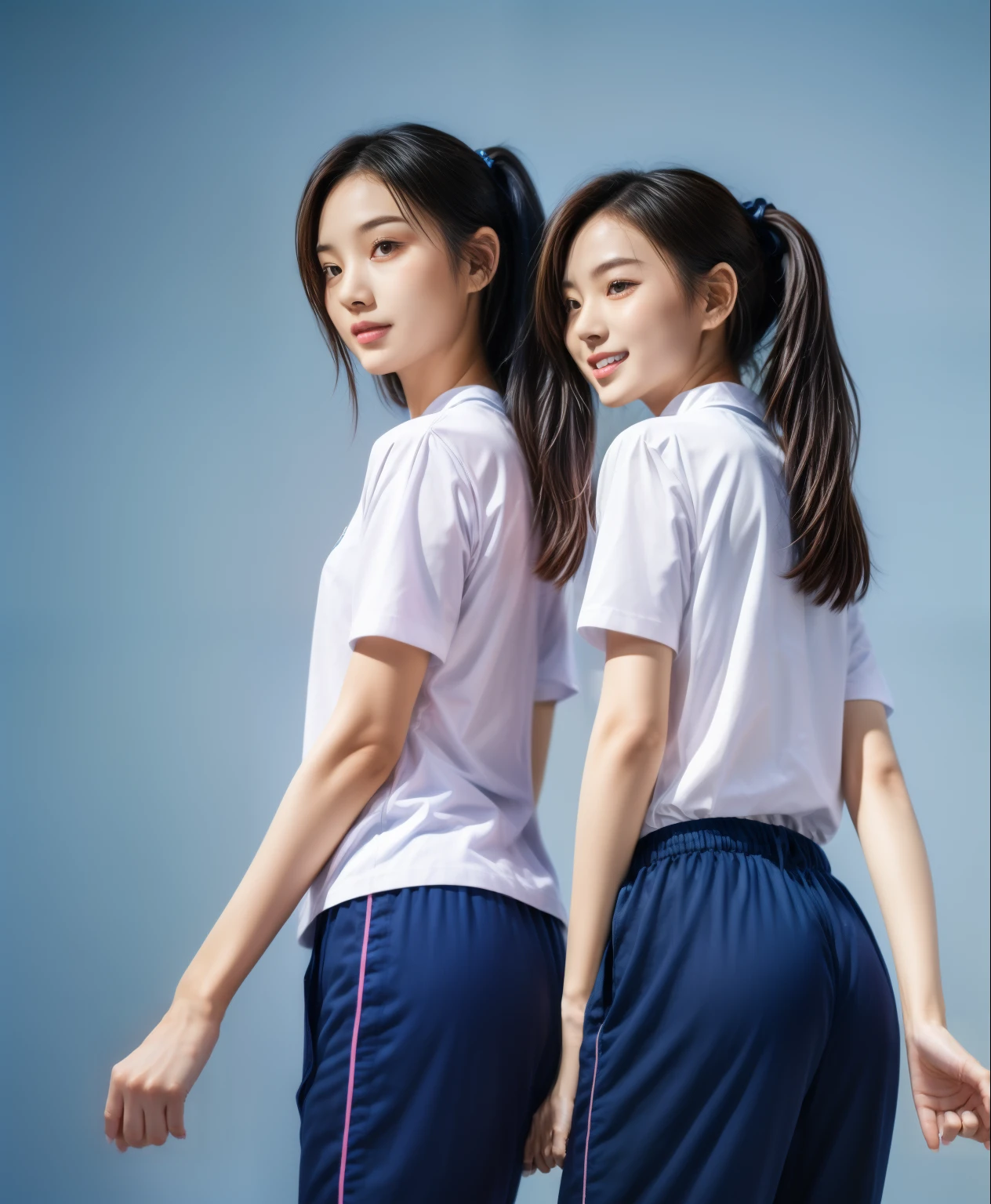 (best quality,10,10,height,Masterpiece:1.2),Special details,(realistic,ภาพrealistic,Realistic photos:1.37),1 Cute girl in the kitchen,shiny, ผิวshiny,only,smile softly,BDclothelue shirt:1.3)),short sleeve,shirt, กางเกงขาlong.,(navy_long_track pants:1.1), ((Kitchen Background)),Dynamic angle,excited,Face focus,dynamic poses,from behind,focus on ass,Masterpiece, best quality, ultra realistic, hyper detail, 8k resolution, raw photos, Sharp focus, ((Navy blue shirt:1.1)), short sleeve, เส้นทางlong, perfect body, 2 mature women, 18 years old, Cinema-grade lighting system,blue sweatpants,shirtผ้าออกกำลังกาย,correct anatomy,perfect body, correct body, Sharp face, correct bodyทางกายวิภาค, full body, realistic gestures, long-haired, realistic poses,Wear long shorts...........................,ช่วงขาlong,Good shape,carved girl, Slender figure, model, Good shape, beautiful body,blue sweatpants, two girls kissing