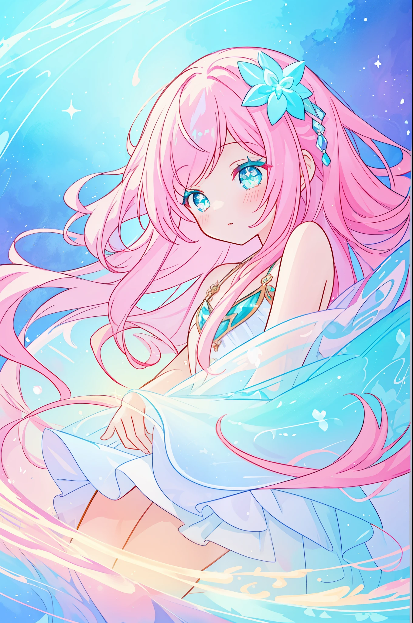 beautiful girl in sparkling white puffy dress, vibrant pastel colors, (colorful), magical lights, long flowing colorful pink hair, otherworldly aqua and blue landscape background, inspired by Glen Keane, inspired by Lois van Baarle, disney art style, by Lois van Baarle, glowing aura around her, by Glen Keane, jen bartel, glowing lights! digital painting, flowing glowing hair, glowing flowing hair, beautiful digital illustration, fantasia background, whimsical, magical, fantasy, beautiful face, ((masterpiece, best quality)), intricate details, highly detailed, sharp focus, 8k resolution, sparkling detailed eyes, liquid watercolor