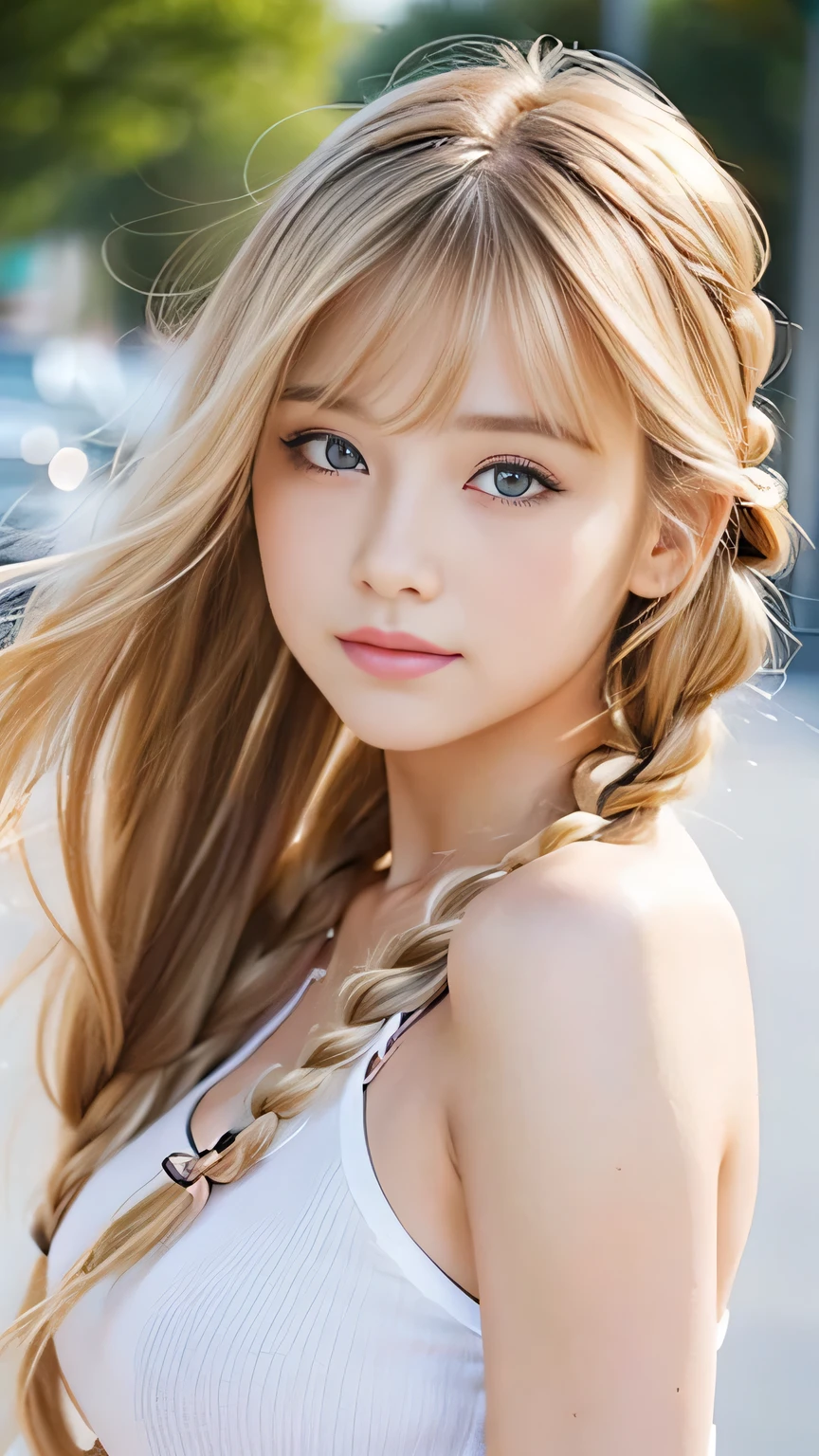 Sexy Big 、Sexy cute looks and cute *********** beautiful girl, beautiful and sexy face、A strong wind blows my hair in front of my face、beautiful long blonde French braided hair、beautiful, Cute and sexy eyes hidden behind long bangs