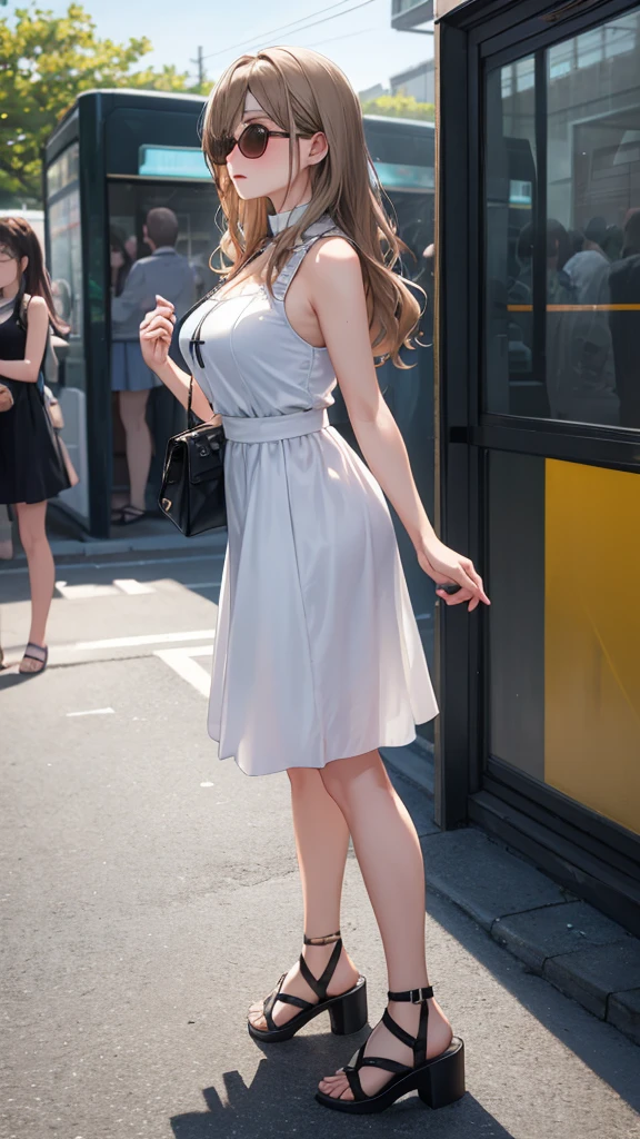 (8k、Best image quality、Highest quality、masterpiece)、Detailed face、Detailed Background, Improve、A beautiful 35 year old woman, Light Brown Hair, Long wavy hair, blunt bang, Light-colored sunglasses, Big Tits, Big Ass, Sleeveless white blouse with collar, Black long skirt, White summer sandals, Fold your hands in front of your body, Fidgety, (A tense look:1.5), (Blushing:1.2), Standing in front of the station, Watch in the right hand, looking away, Waiting for someone, crowd, Don't look at me, Angle from a little distance