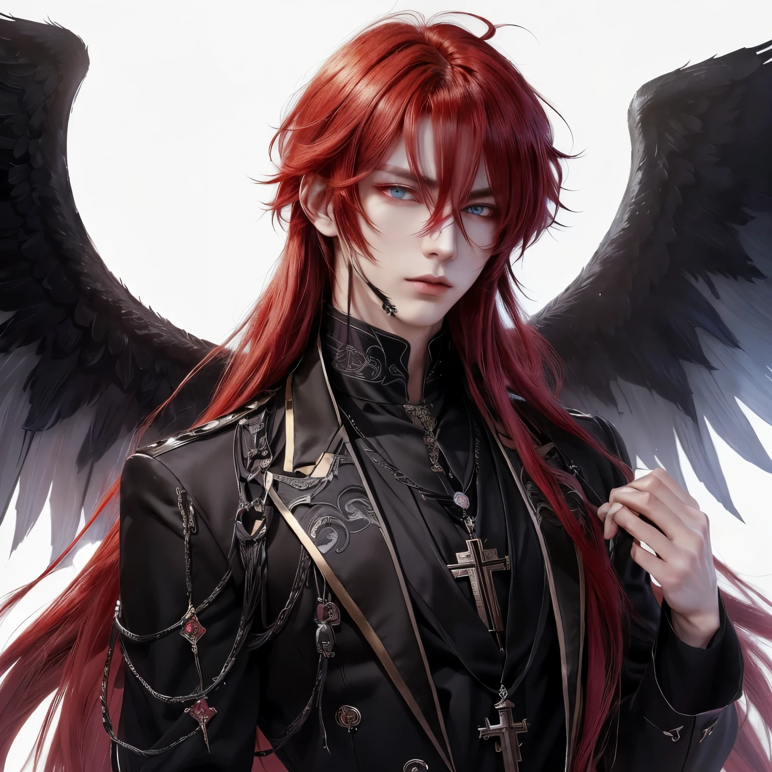 anime, a woman with red hair and black wings, wearing a black outfit, beautiful male god of death, beautiful androgynous prince, male anime character, tall anime guy with blue eyes, detailed anime character art, key anime art, delicate androgynous prince, handsome guy in demon slayer art, handsome japanese demon boy, detailed key anime art