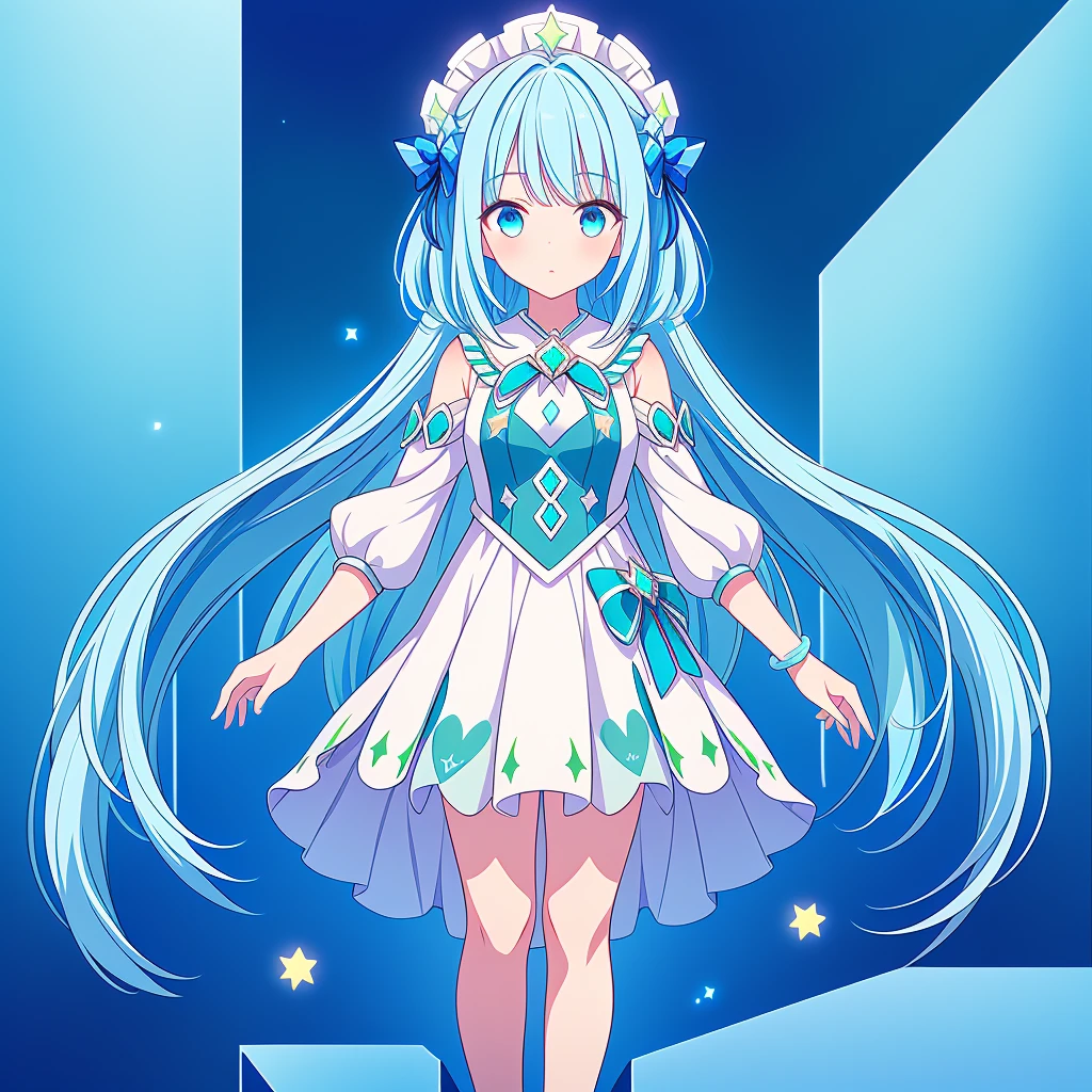 1girl、Star Fairy、Star incarnation、Character design front view、A picture facing the viewer、(((Super detailed、Highest quality、Masterpiece)))、Original cute hairstyle、Milky white and blue hair color、Simple Green Background、vtuber-fullbody,