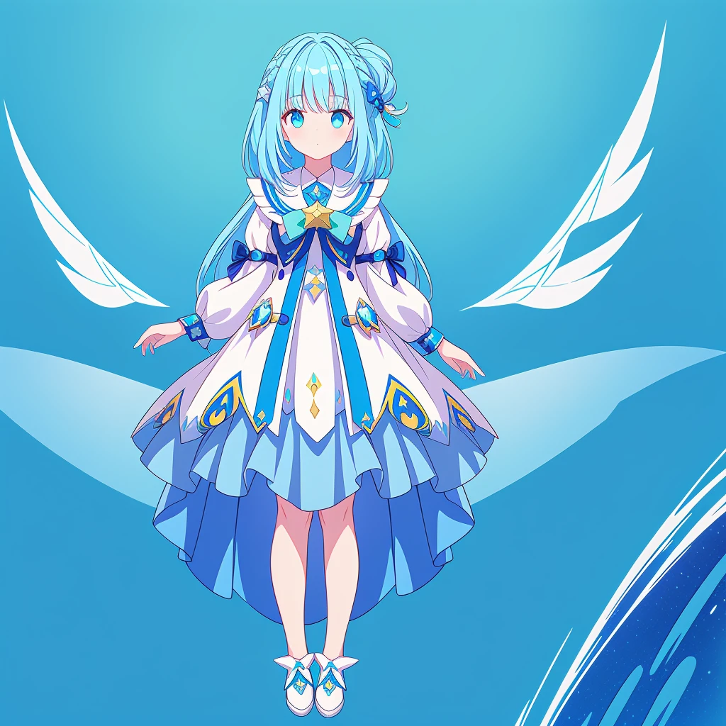 1girl、Star Fairy、Star incarnation、Character design front view、A picture facing the viewer、(((Super detailed、Highest quality、Masterpiece)))、Original cute hairstyle、Milky white and blue hair color、Simple Green Background、vtuber-fullbody,