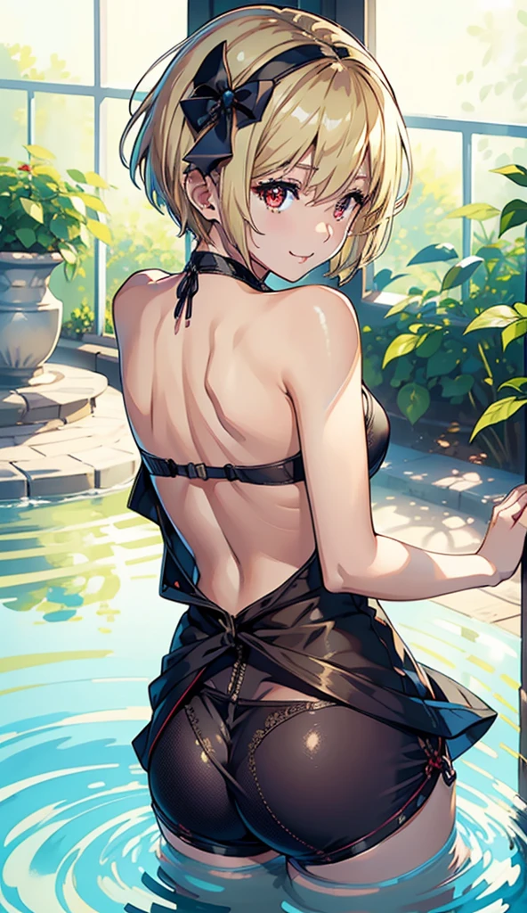 ((masterpiece))、(((Highest quality)))、((Super detailed))、((An illustration))、Attention to detail、Highly detailed CG Unity 8k、High resolution、美しいAttention to detail目、Attention to detail、美しいAttention to detail目,girl,Turn your back and look back,Bikini, Mid-chest, shy, Detailed hands, View your viewers, Dynamic Shadows, smile,(Barrette)、(((Blonde short hair))),(Red eyes)、