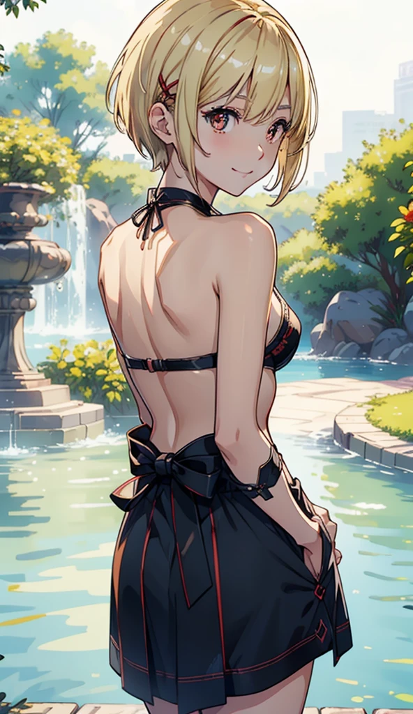 masterpiece, best quality, ultra-detailed, illustration, detailed light, happy, blush, Highlights hair, ite breast, beautiful detailed body, detailed sparkling eyes, 1girl looking back, cyan deep-v one-piece swimsuit, her hip, full view of buttocks, showing buttocks, bare thighs, tan skin, in flower garden, smile, Darjeeling, glasses,