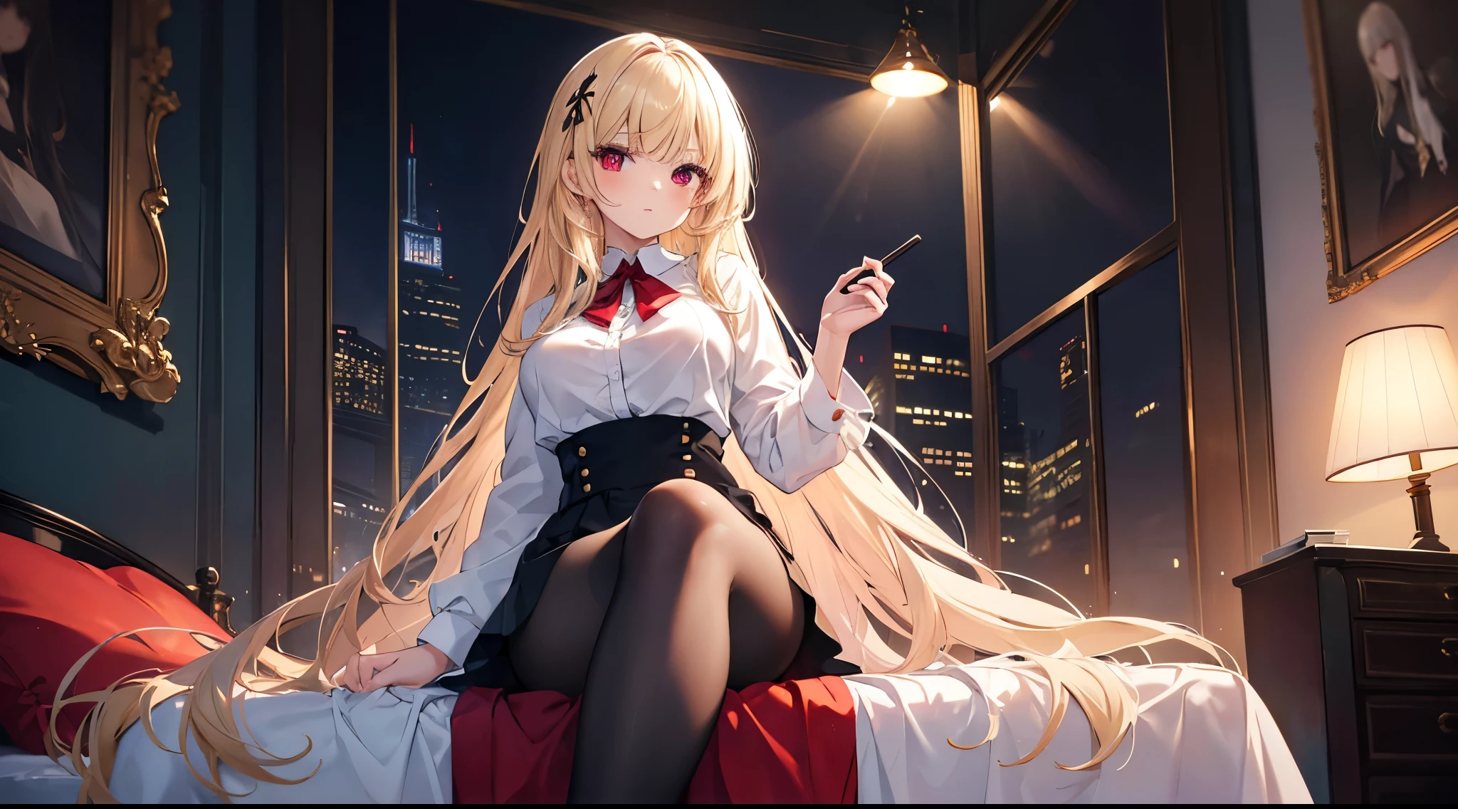 Highest quality, masterpiece, figure, wallpaper,One girl,White shirt, Light Hair, Beautiful detailed girl, Highly detailed eyes and face, Beautiful attention to detail, Shine,Browsing Caution, View your viewers, bed, night, Black Pantyhose, Straight hair, Red Eyes, long hair,Blonde, thick_Thighs, Large Breasts, Red eyes,Sitting,beautiful finger, clear background, deep night, Hands Behind Back