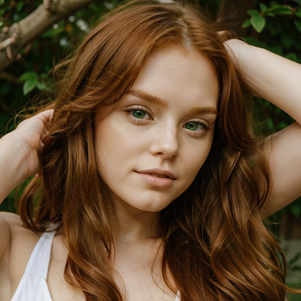 Woman 30 years old, Alone, Very Long Hair, wavy hair, light red hair, smile, Blushed, Light green eyes, 1m65 60kg, freckles