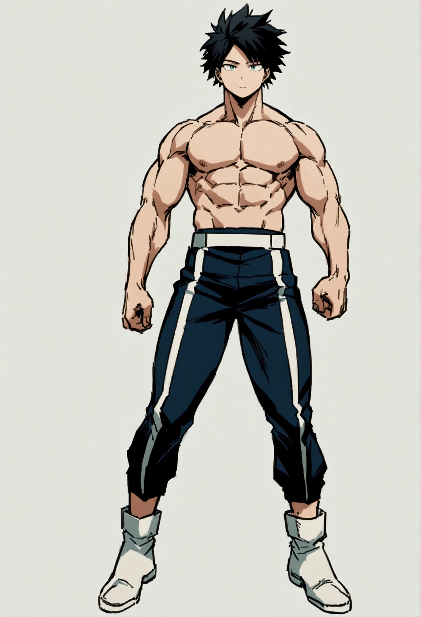 He is a 17 year old teenager, He has slightly disheveled very black hair..., somewhat light green eyes, (front angle ) , (full body), muscular body , He is dressed in the anime uniform. "my hero academia", without the shirt, just with pants