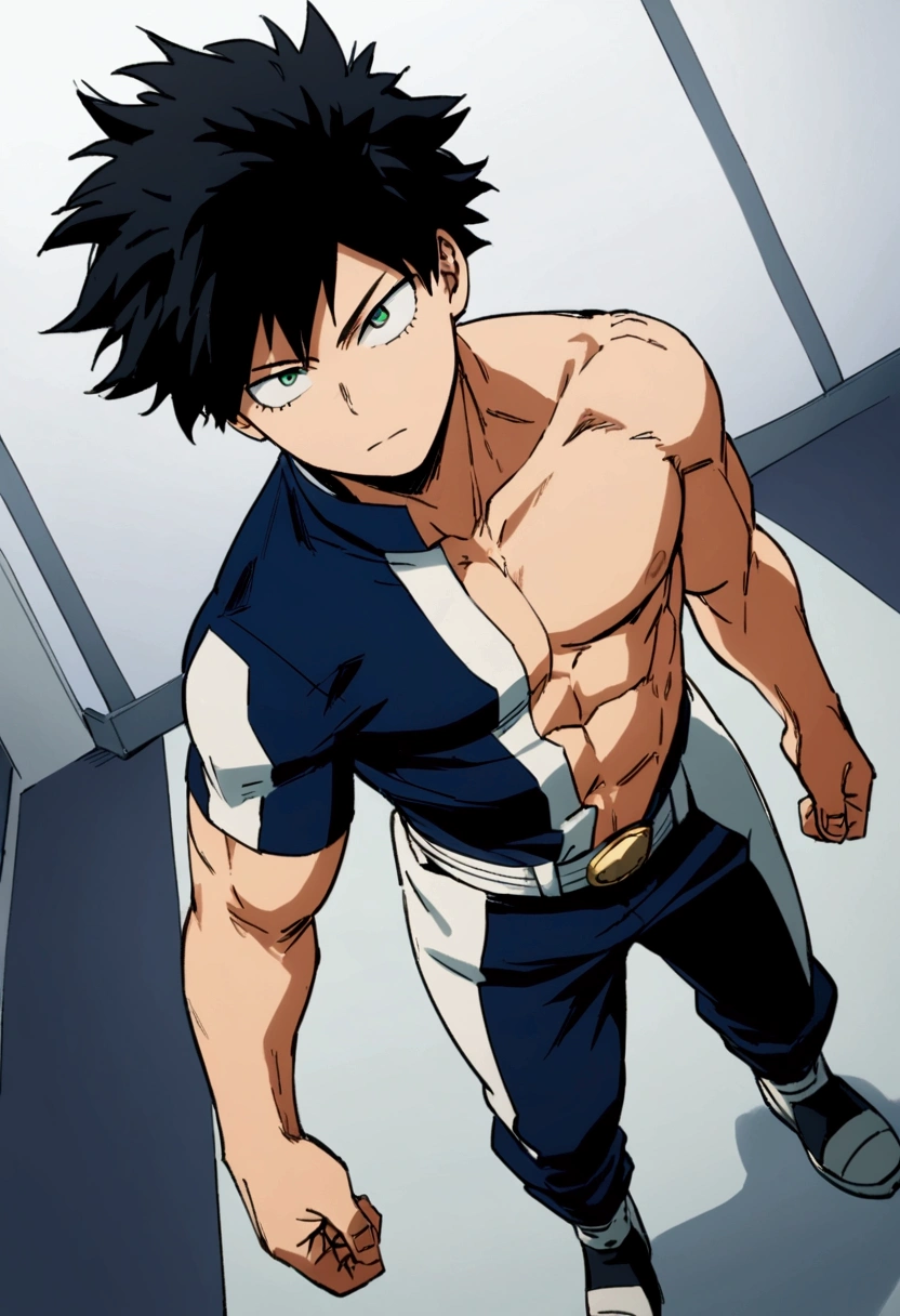 He is a 17 year old teenager, He has slightly disheveled very black hair..., somewhat light green eyes, (front angle ) , (full body), muscular body , He is dressed in the anime uniform. "my hero academia", without the shirt, just with pants 