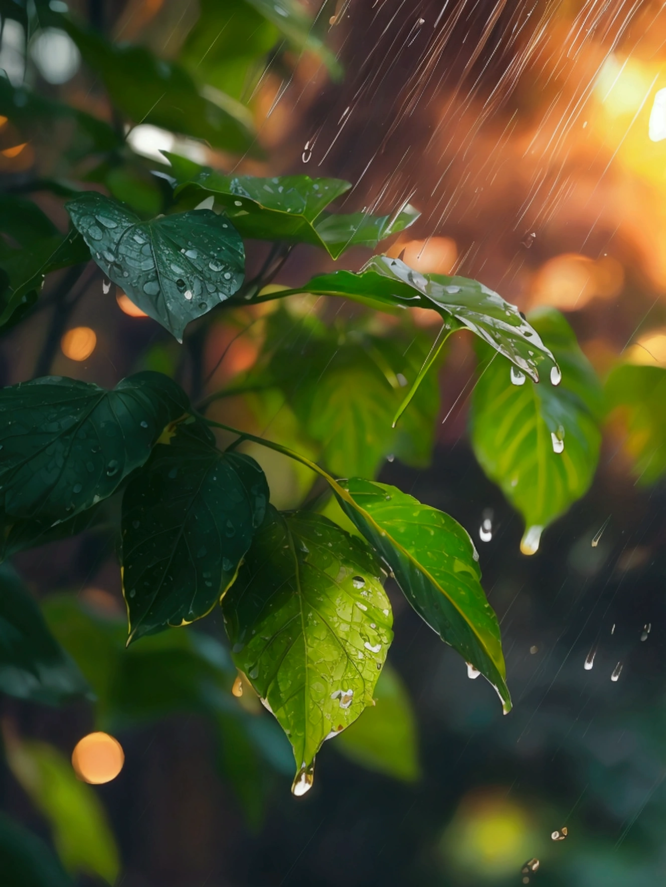 Hot sun、Rain、Close-up of leaves,summer,Surrounded by green plants,Elegant colors