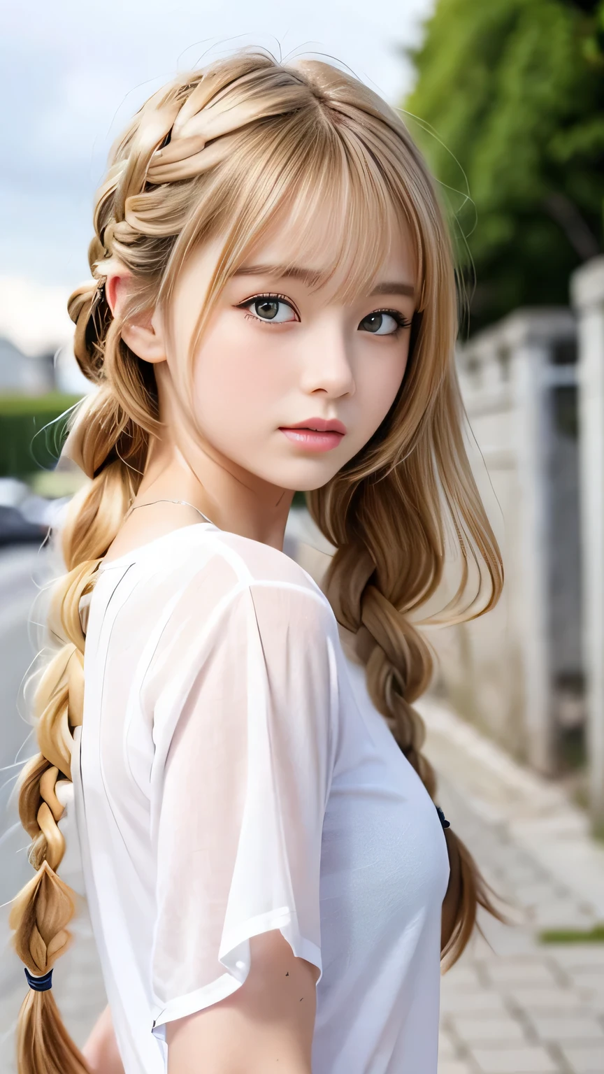 Sexy Big 、Sexy cute looks and cute 15 year old beautiful girl, beautiful and sexy face、A strong wind blows my hair in front of my face、beautiful long blonde French braided hair、beautiful, Cute and sexy eyes hidden behind long bangs