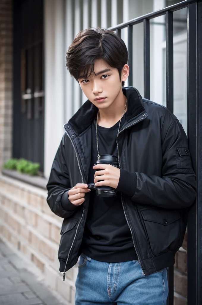 Photography by 20-year-old boy, Perfect face, masterpiece, OK, underwear, Black_OK, jacket, Black_