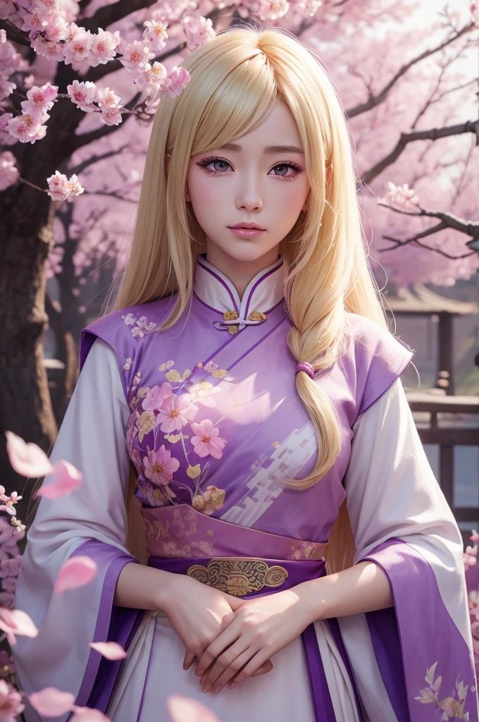 A realistic anime style, with an ancient Chinese outfit, blonde hair and purple eyes, cloused mouth, with flower petals in your hair, landscape with pink trees