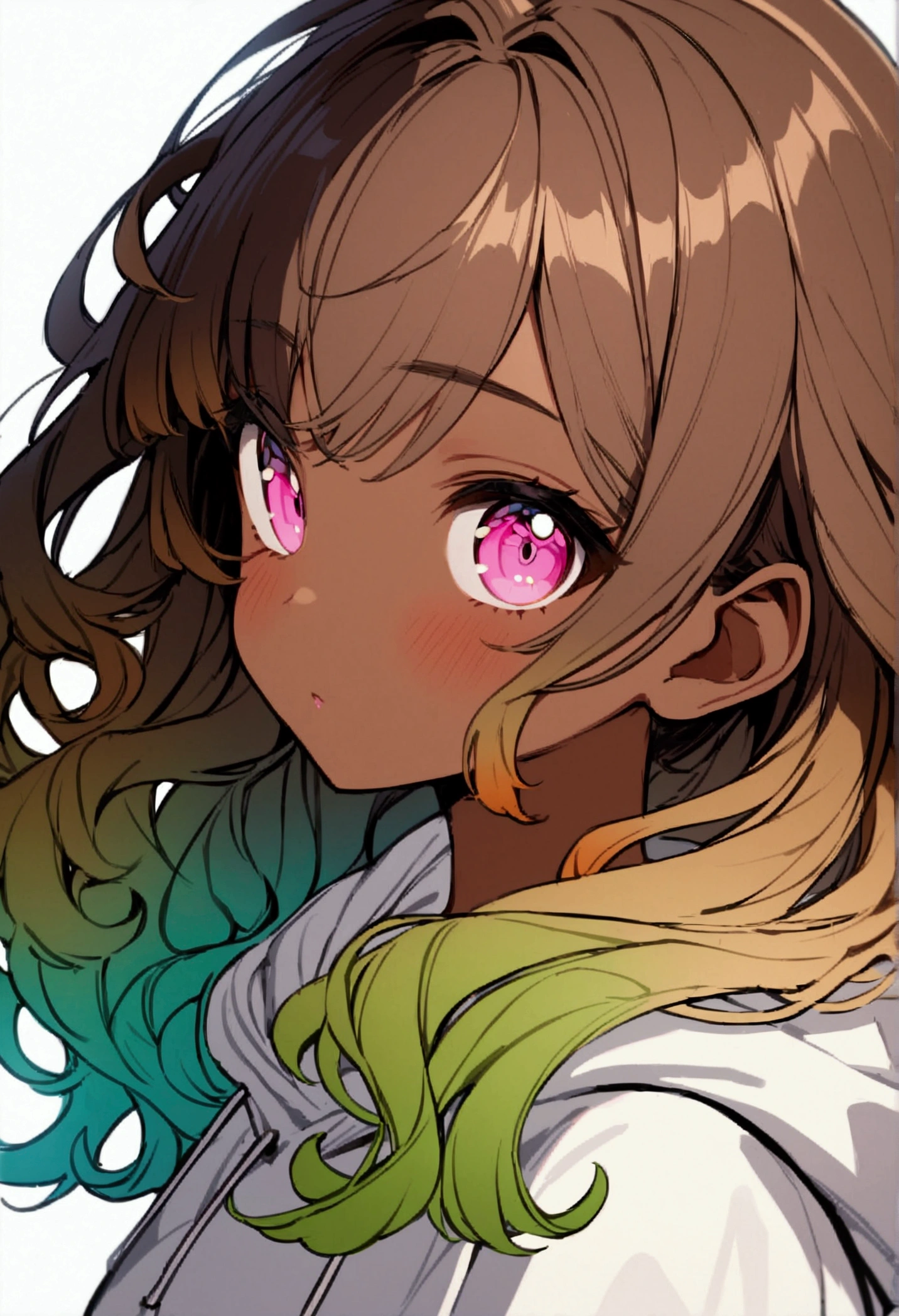 1girl, solo, solo focus, cowboy shot, portrait, oversized hoodie, aqua green and white hoodie, half aqua, half green, ((brown hair)), (yellow hair), (gradient hair :1.5), curly hair, ((pink eyes)), hyperdetailed eyes, tan, (caramel dark skin:1.1), best quality, ultra-detailed, white background, simple background