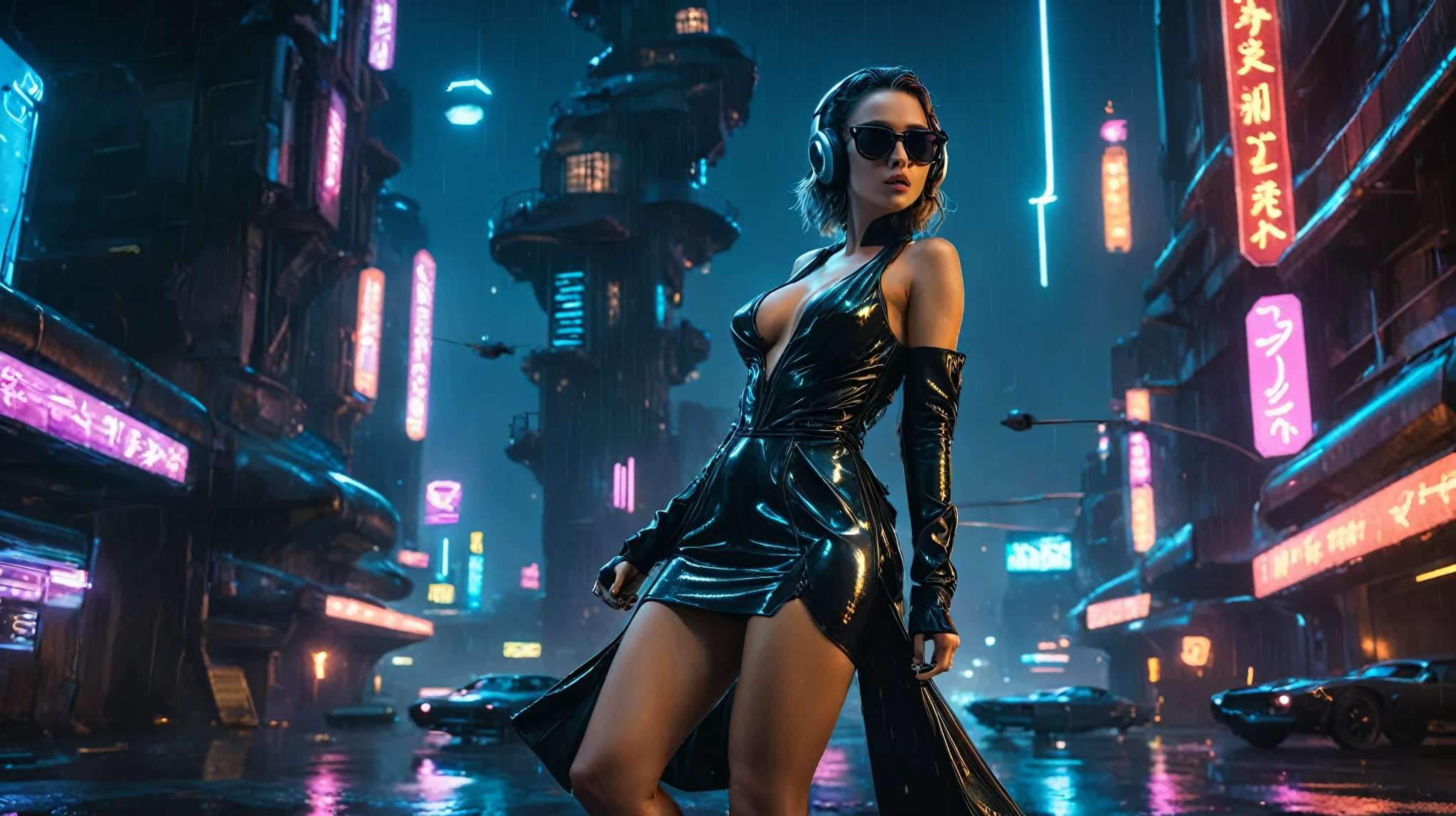 (aerial view, a flying cars docking platform, a very dark abandoned futuristic city, neon lights), rainy night. (((1girl, solo, alone))), large-breast:1.2 slim body, cleavage:1.1, sexy wind blowing wet dress:1.4, (((headphone, black sunglasses, standing and holding pistol:1.8, dynamic rushing pose))), (((((half-body thigh level medium shot))))), cinematic lighting, lens flare, ray tracing.