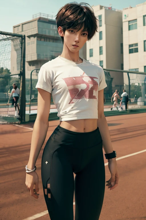 Young man wearing leggings,t shirt,long legs, thick thighs, large wide hips, thin and narrow weist, big large feminine bre-asts , very small spikey boyish haircut , penis bulge , running court