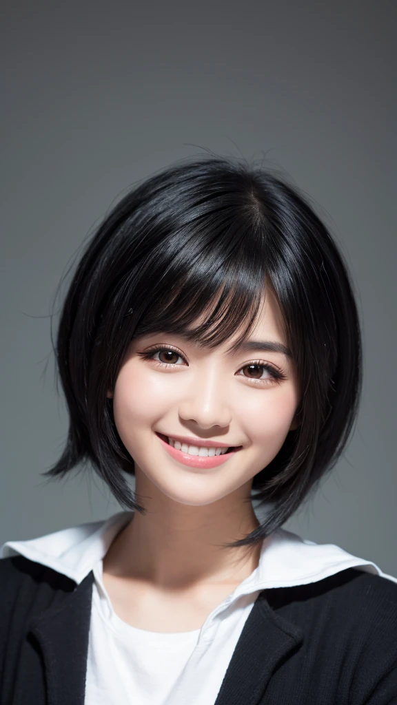 Shortcuts, Black Hair, Simple Background, High resolution, Slanted Eyes, smiling,