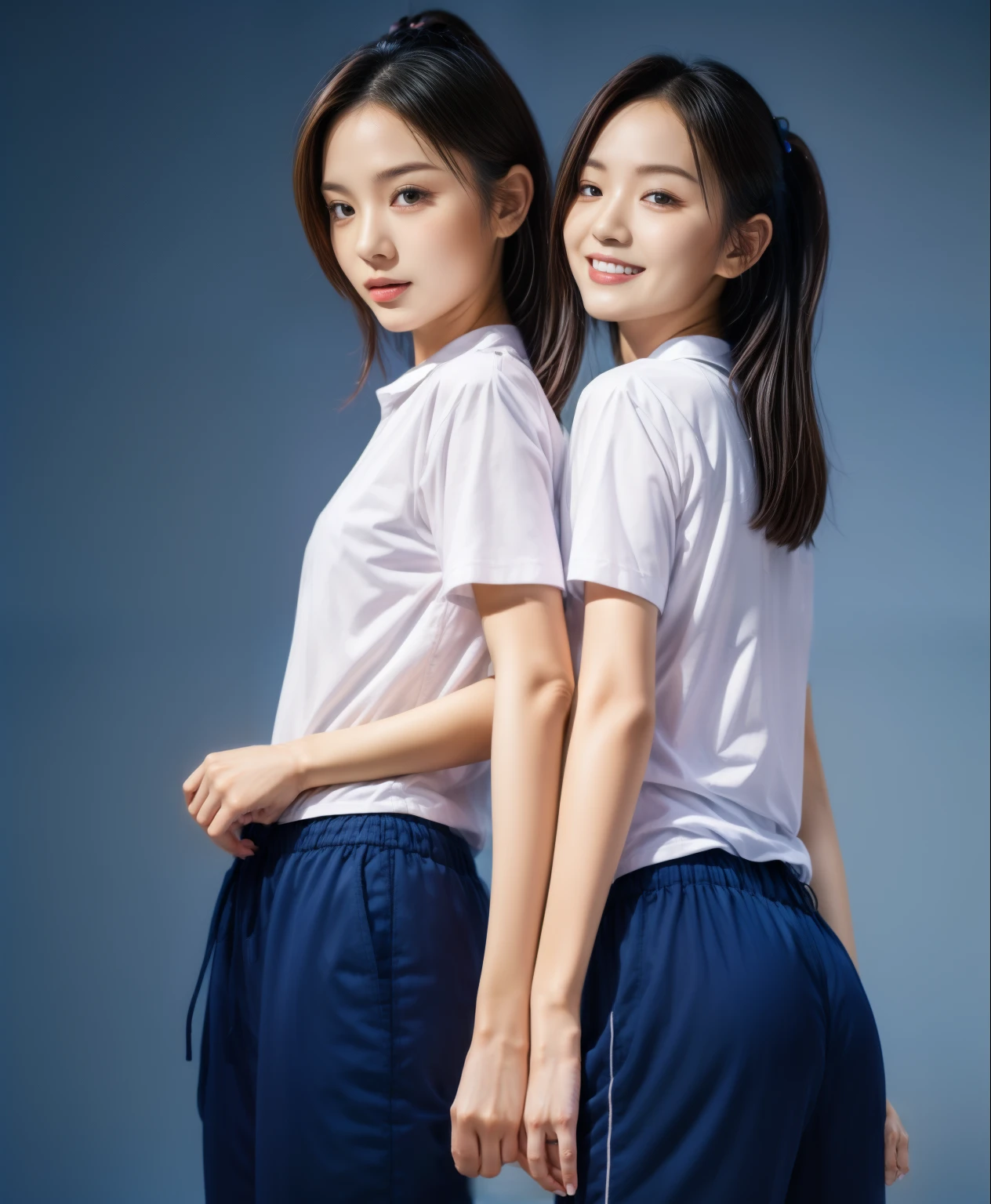 (best quality,10,10,height,Masterpiece:1.2),Special details,(realistic,ภาพrealistic,Realistic photos:1.37),1 Cute girl in the kitchen,shiny, ผิวshiny,only,smile softly,BDclothelue shirt:1.3)),short sleeve,shirt, กางเกงขาlong.,(navy_long_track pants:1.1), ((Kitchen Background)),Dynamic angle,excited,Face focus,dynamic poses,from behind,focus on ass,Masterpiece, best quality, ultra realistic, hyper detail, 8k resolution, raw photos, Sharp focus, ((Navy blue shirt:1.1)), short sleeve, เส้นทางlong, perfect body, 2 mature women, 18 years old, Cinema-grade lighting system,blue sweatpants,shirtผ้าออกกำลังกาย,correct anatomy,perfect body, correct body, Sharp face, correct bodyทางกายวิภาค, full body, realistic gestures, long-haired, realistic poses,Wear long shorts...........................,ช่วงขาlong,Good shape,carved girl, Slender figure, model, Good shape, beautiful body,blue sweatpants, two girls kissing