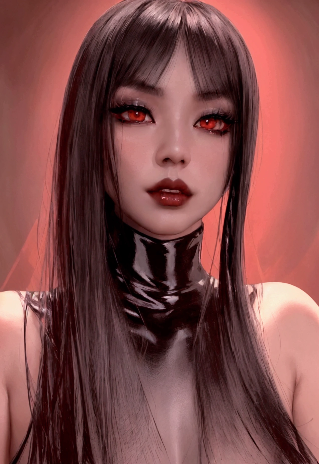 1 asian vampire woman, beautiful detailed eyes, beautiful detailed lips, extremely detailed face and skin, long eyelashes, black latex bodysuit, nude, hyper detailed, 8k, masterpiece, photorealistic, dark red and black color palette, dramatic chiaroscuro lighting, cinematic, gothic, dark fantasy