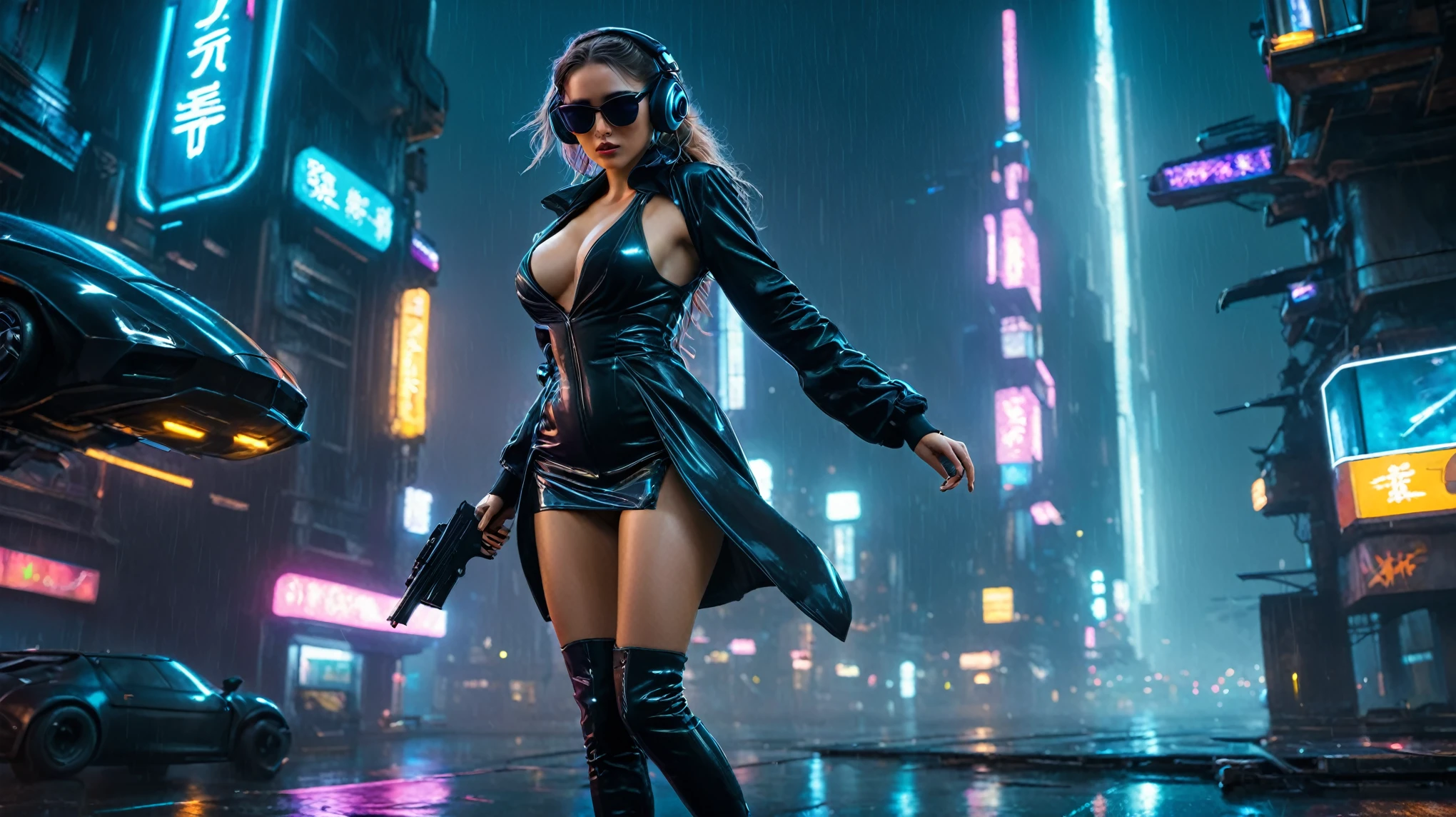 (aerial view, a flying cars docking platform, a very dark abandoned futuristic city, neon lights), rainy night. (((1girl, solo, alone))), large-breast:1.2 slim body, cleavage:1.1, sexy wind blowing wet dress:1.4, (((headphone, black sunglasses, standing and holding pistol:1.8, dynamic rushing pose))), (((((half-body thigh level medium shot))))), cinematic lighting, lens flare, ray tracing.