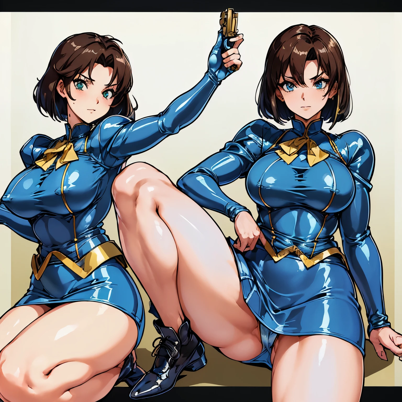 ultra-detailed, Explicit, Beautiful body, Beautiful Nose, Beautiful character design, perfect eyes, perfect face, ultra highres, 4K, beautiful legs, perfect legs, Nice hands, Perfect hand, Masterpiece, Best Quality, Highly detailed, illustration, absurdres, perfect anatomy, (((blue delmo uniform, jacket, blue latex jacket))), (((blue latex pencil skirt, tight blue miniskirt))), gold stripes, extremely glossy latex, puffy sleeves, absurdres, highres, solo, 1girl, perfect hands, (highres,best_quality,masterpiece), hair ornament, short hair, brown hairm green eyes, tsujimoto natsumi, (((holding pistol, pistol)))