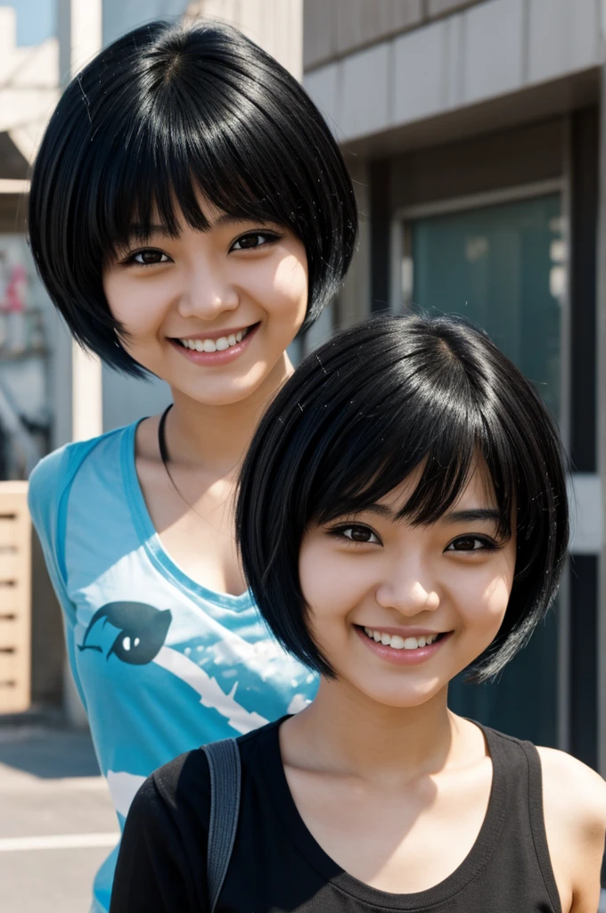 Screenshot Kaiju No.8 girl with short straight black hair, light black eyes smiling 