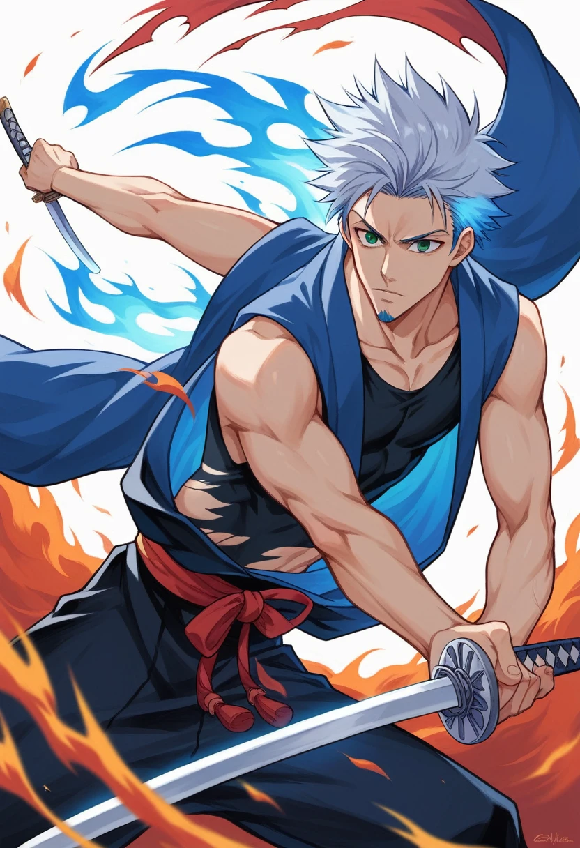 1 young boy, details Intricate, 1 men, bonitas, spiky white hair, vibrant green eyes, slim ripped , アニメ, 19yearsold, 19 years, a small goatee, kimono de Shinigami, Shinigami, bleach, Tank top, kimono, bleach, katana ( uma katana afiada e longa coberta por Blue flames) , katana blue flames, Blue flames, katana longa, powerful katana (attacking enemies with your katana making cuts with your flames).
