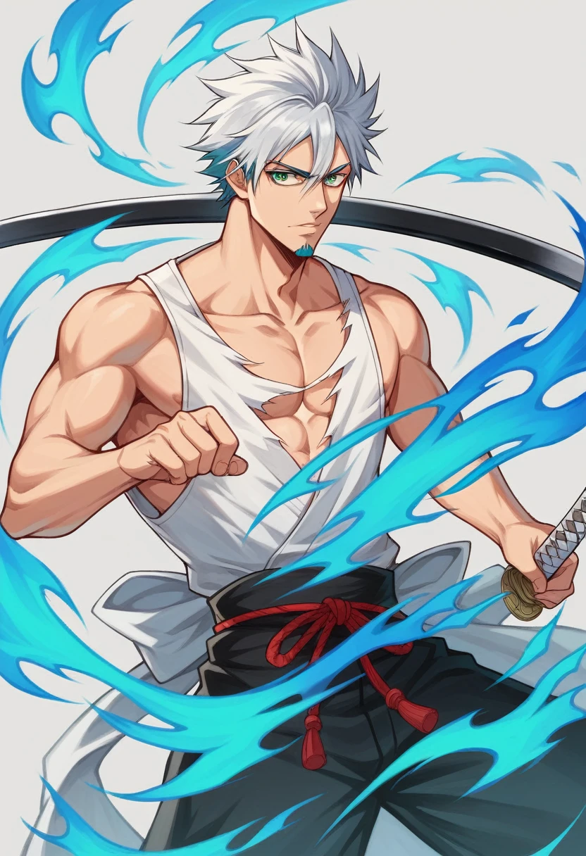 ung boy, details Intricate, 1 men, bonitas, spiky white hair, vibrant green eyes, slim ripped , アニメ, 19yearsold, 19 years, a small goatee, kimono de Shinigami, Shinigami, bleach, Tank top, kimono, bleach, katana ( uma katana afiada e longa coberta por Blue flames) , katana blue flames, Blue flames, katana longa, powerful katana (attacking enemies with your katana making cuts with your flames).