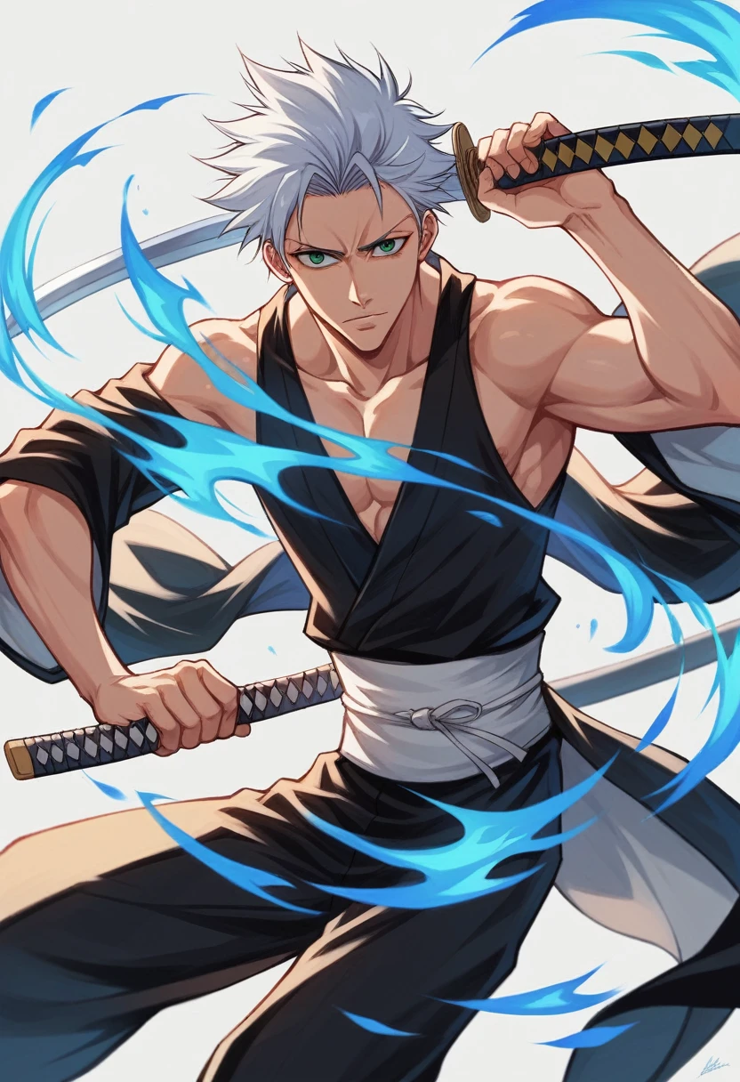 1 young boy, details Intricate, 1 men, bonitas, spiky white hair, vibrant green eyes, slim ripped , アニメ, 19yearsold, 19 years, a small goatee, kimono de Shinigami, Shinigami, bleach, Tank top, kimono, bleach, katana ( uma katana afiada e longa coberta por Blue flames) , katana blue flames, Blue flames, katana longa, powerful katana (attacking enemies with your katana making cuts with your flames).