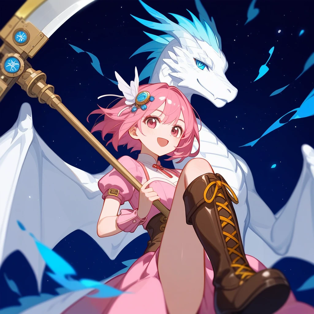 ,1 Girl,beautiful_face、Pink Hair、short hair、Solo Illustration、Hair ornament made from gold ore、Pink costume that combines Japanese and Western styleini skirt dress、Brown boots、steampunk、Holding a large scythe、With the White Dragon、Very cool dragon、Different world、Fantasy、Beautiful flame effect、Cool composition、battle、White dragon flying around the girl、Girl's smile、(少女とwhite dragon)、Japanese Dragon、Dark Background、Night Sky、star、青緑のstar空、Upper Body、steampunk、white dragonと少女、Dragon、((white dragon))、The Girl Who Tames Dragons、Ride the Dragon