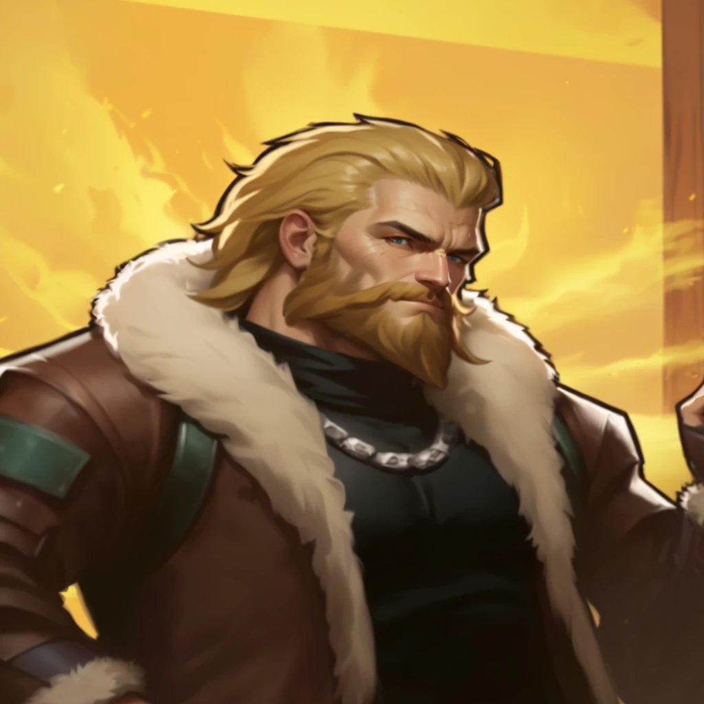 a close up of a cartoon man with a beard and a jacket, painted portrait of rugged odin, barret frymire, epic rpg portrait, berserker potrait, painted portrait of rugged zeus, portrait of rugged zeus, roguish smirk, gungnir, portrait of fin wildcloak, avatar image, legends of runeterra, thertrevkaiser