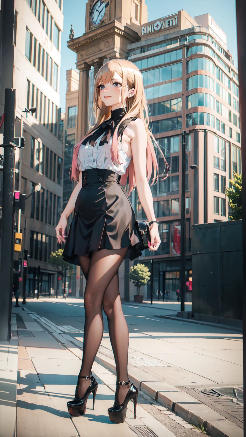 ((masterpiece, high resolution, better quality, better details)), ((Marin Kitagawa)), ((Smiling)), ((one girl)) a girl modeling standing in the city, mini skirt, blouse, ((big neckline)), ((platform high heels)), pink eyes with black outline, (light blonde hair, straight hair, straight bangs, long hair)), long nails, pink nails, shiny skin, solo, bare shoulders, full body, focus full body, high heels, ((black stockings)), ((wide hips)), ((thin waist)), ((huge tits)),