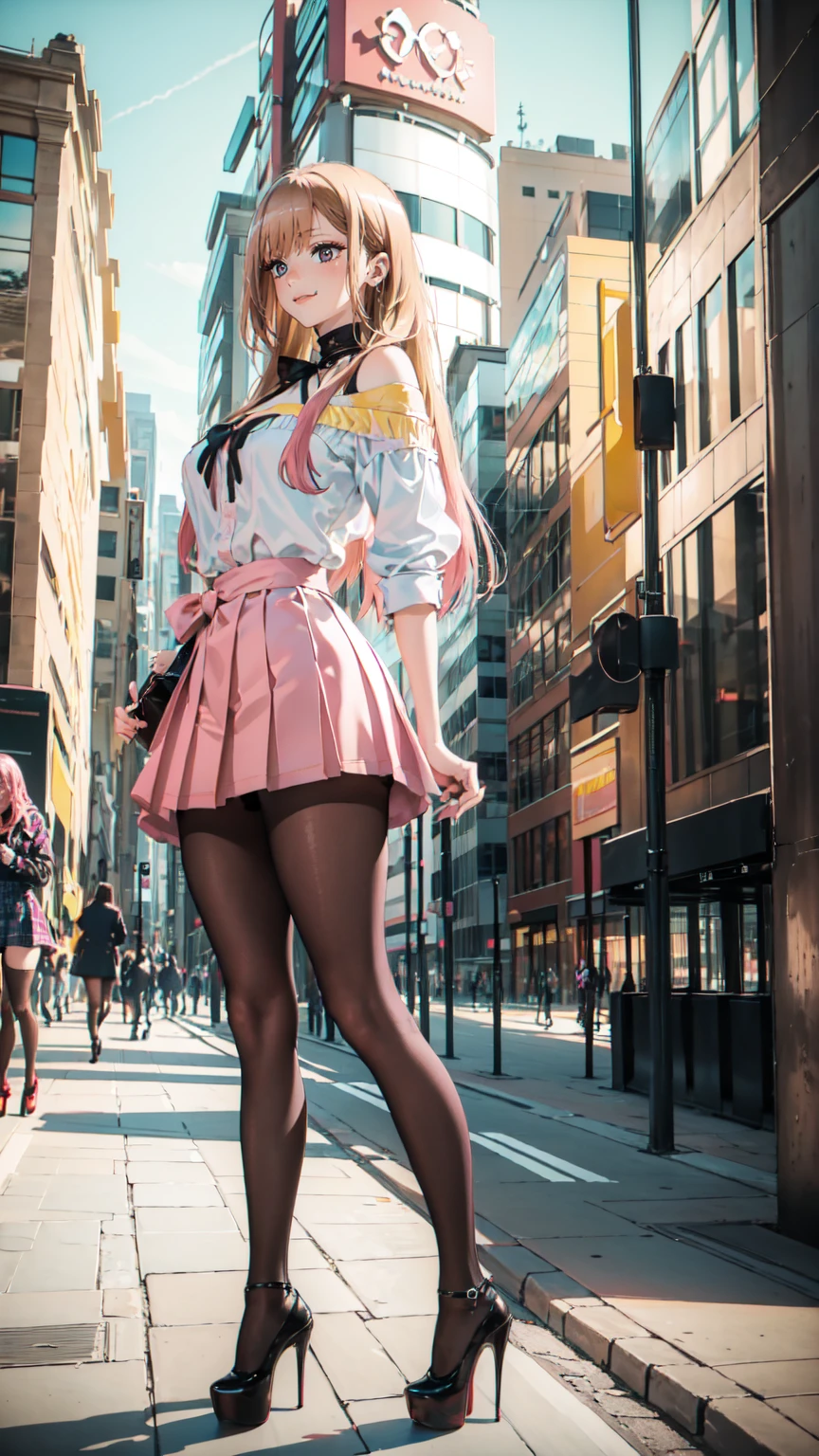 ((masterpiece, high resolution, better quality, better details)), ((Marin Kitagawa)), ((Smiling)), ((one girl)) a girl modeling standing in the city, mini skirt, blouse, ((big neckline)), ((platform high heels)), pink eyes with black outline, (light blonde hair, straight hair, straight bangs, long hair)), long nails, pink nails, (((curvy body))), shiny skin, ((side view)), solo, bare shoulders, full body, focus full body, high heels, ((black stockings)),