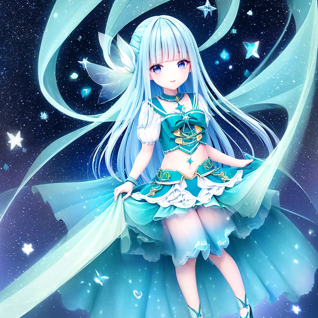 1girl、Star Fairy、Star incarnation、Character design front view、A picture facing the viewer、(((Super detailed、Highest quality、Masterpiece)))、Original cute hairstyle、Milky white and blue hair color、Simple Green Background、vtuber-fullbody,