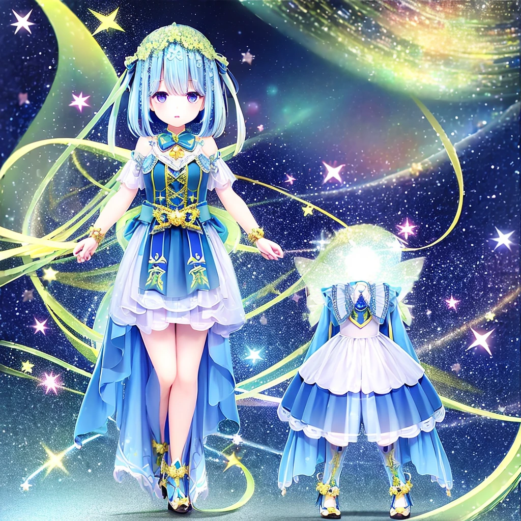 1girl、Star Fairy、Star incarnation、Character design front view、A picture facing the viewer、(((Super detailed、Highest quality、Masterpiece)))、Original cute hairstyle、Milky white and blue hair color、Simple Green Background、vtuber-fullbody,