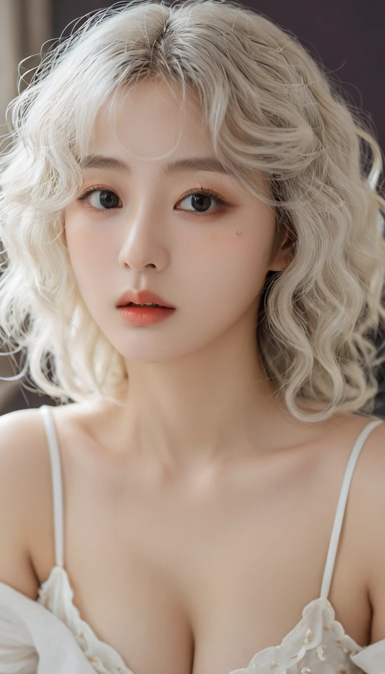 (Surrealism), (illustration), (high resolution), (8K), (Extremely detailed), (best illustration), (Beautiful and delicate eyes), (best quality), (Very detailed), (masterpiece), ( wallpaper), (Delicate face), solitary, 1 girl, White curly hair, Korean, Heterochromic Eyes, There is a small mole under the eye, Large Breasts, Long legs, Tight abdominal muscles, Dynamic poses,In the bedroom,Sitting on the bed