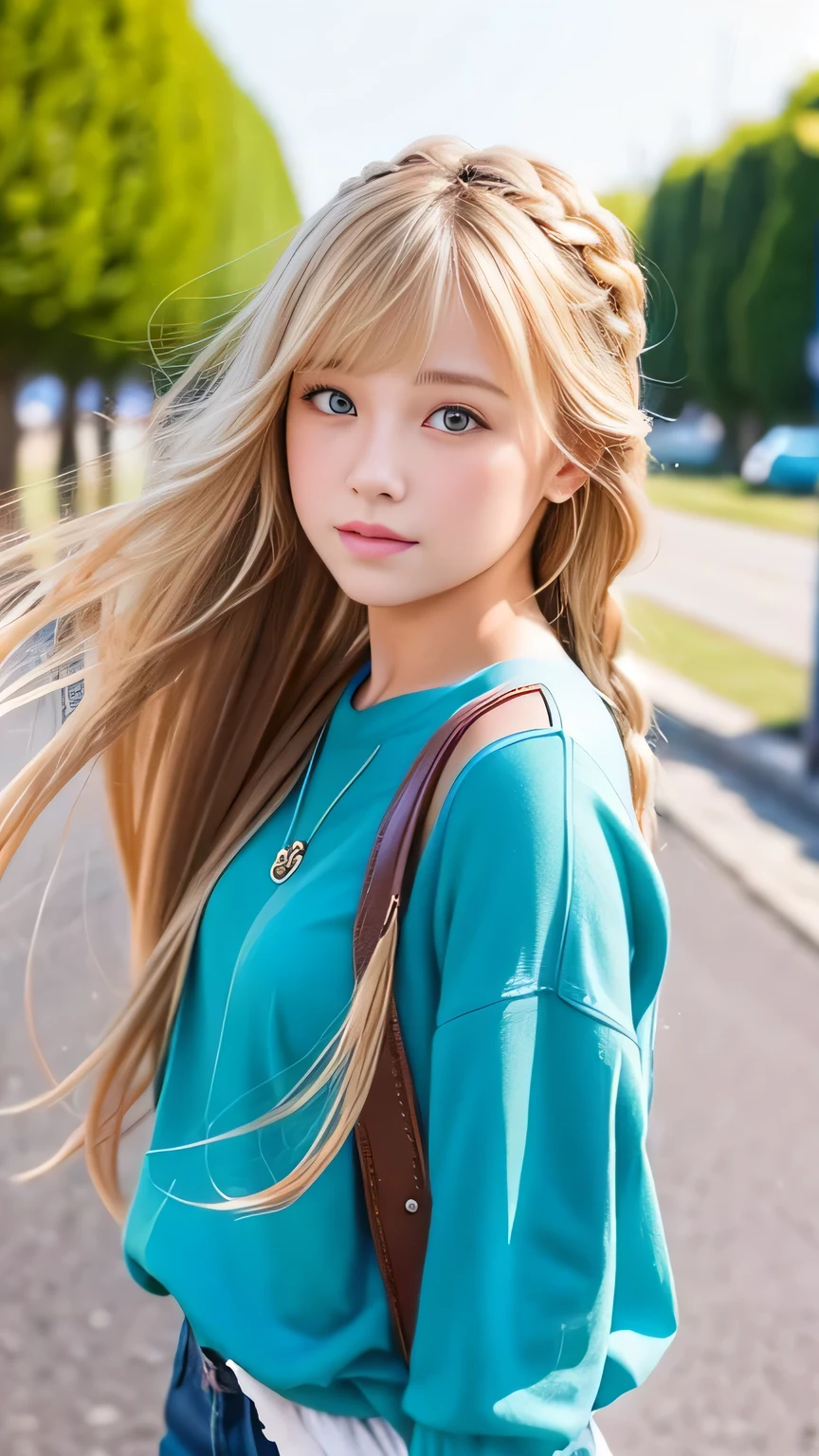 Sexy Big 、Sexy cute looks and cute 15 year old beautiful girl, beautiful and sexy face、A strong wind blows my hair in front of my face、beautiful long blonde French braided hair、beautiful, Cute and sexy eyes hidden behind long bangs