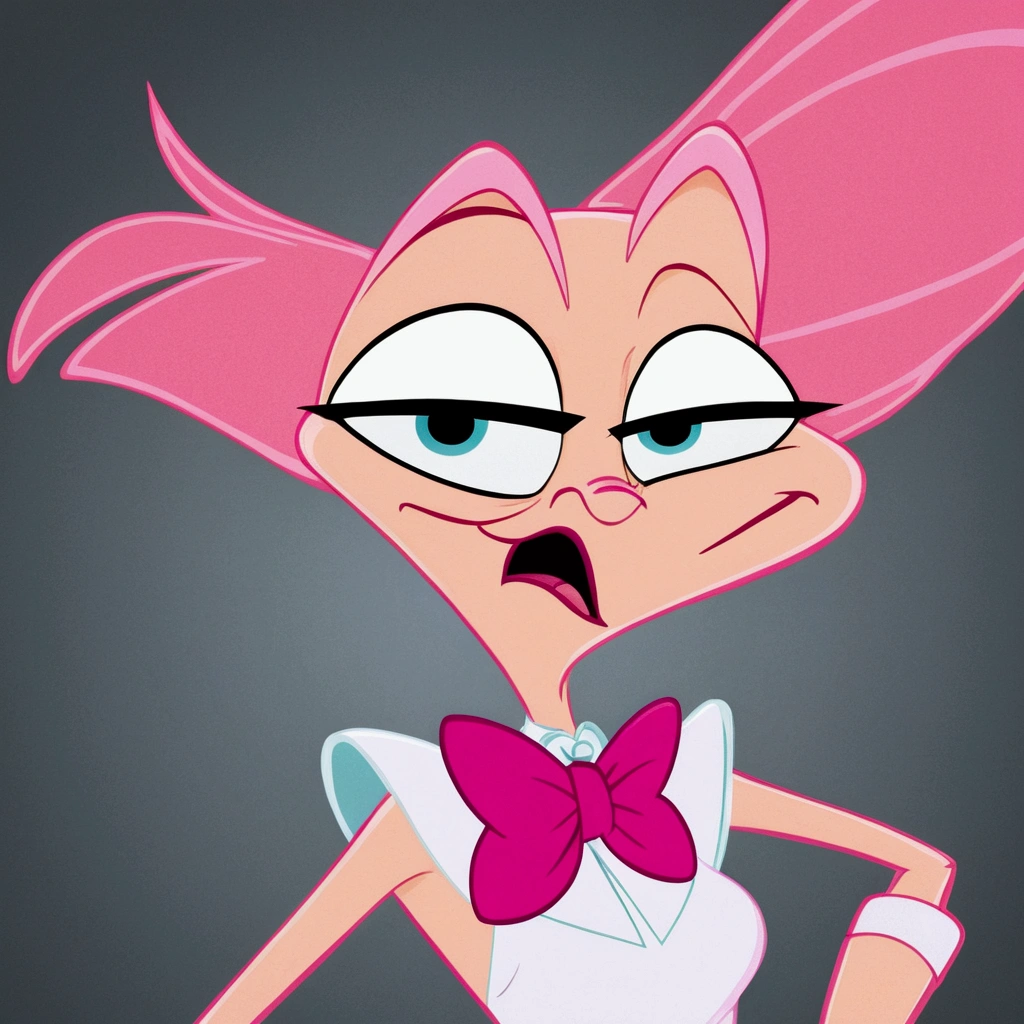 Angel Dust image from hazbim hotel adult cartoon of a woman in a pink dress and a bow tie, long and pointed pink nose, pink iconic character, ren and stimpy style, This character has cryokinesis, animation character, angry female alien, sorriso nefasto, she has a cute and expressive face, "Whoah, the prismatic person, animated character design, scary rage pose