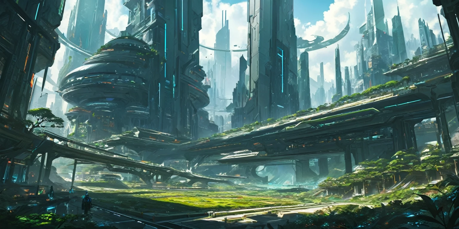 Tall buildings and trees々A futuristic city with lots of, lush foliage cyberpunk, Valley of the Future, Futuristic Environment, ancient SF City, in fantasy SF City, futuristic ruins, sci-fiish landscape, SF Landscape, SF City, Futuristic concept art, Futuristic landscape, sci-fiish landscape, sci-fiish landscape, SF City,Girl looking up at the landscape