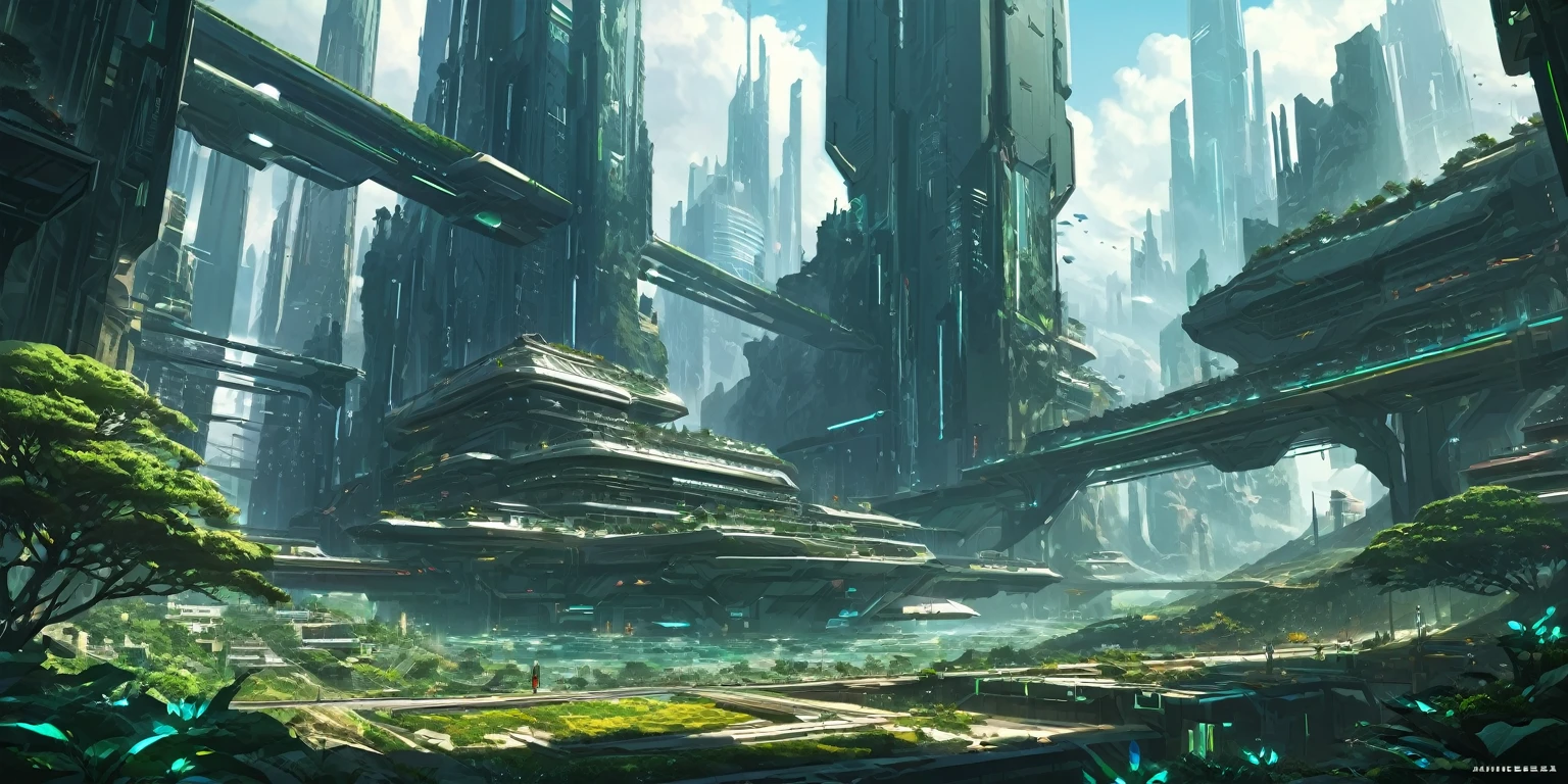 Tall buildings and trees々A futuristic city with lots of, lush foliage cyberpunk, Valley of the Future, Futuristic Environment, ancient SF City, in fantasy SF City, futuristic ruins, sci-fiish landscape, SF Landscape, SF City, Futuristic concept art, Futuristic landscape, sci-fiish landscape, sci-fiish landscape, SF City,Girl looking up at the landscape