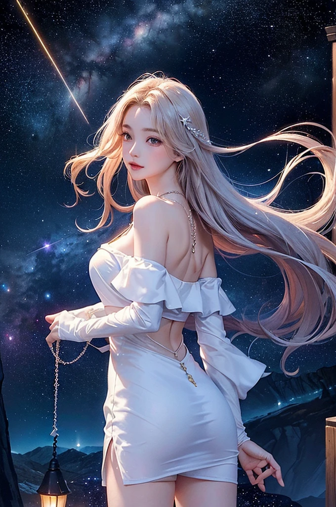 (masterpiece:1.5, Highest quality, Very detailed、 Dutch Angle、Semi-realistic、Fantasy)(One Girl, alone)(White and beautiful hair:1.4,,Straight Long Hair)(White based dress)、((Off the shoulder、Mid-chest、ruby ​​necklace))(from back side,The buttocks are slightly visible、Legs wrapped in tights)(Beautiful starry sky、Mystical Night、Particles of light float around the woman、Fantasy space)
