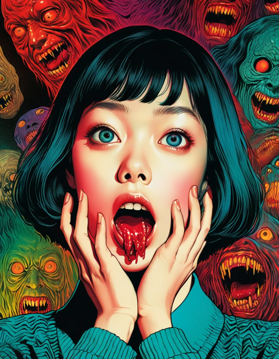 An illustration、art、70s horror movie posters, Supervised by Junji Ito、High detail, Realistic Shadows、Analog Style, chromatic aberration, Surrealism、Complementary Gradient