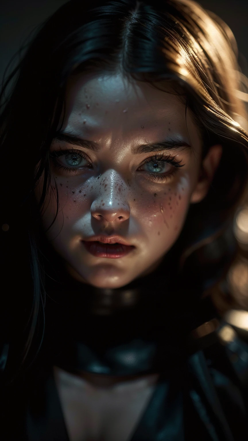 (((ultra realistic))), (((full body))), Photo, Masterpiece, Superior quality, (pale skin), (ultra detailed face and eyes.:1.2), bright Eyes, 1 girl, rode well, gloomy atmosphere, dark background, (eye makeup, mask) , ((dark wavy hair)) , ((stylish hairstyle)) , {gigantic|Huge|Mega}old, (a slight smile), ((posing)), Photoshoot, studio (Contour lighting), (The game of lights and shadows), depth of field, bokeh, (Special attention to leather details.: 1.2), detailed leather texture, skin pores, ((Dark and gloomy atmosphere frame. color combination - black, gray, pale, Tons)), ((film grain, VHS effect)), ((good heavens)) , ((portrait from the waist up, close to the camera)) , ultra detialed,