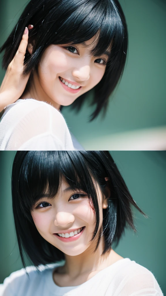 Shortcuts, Black Hair, Simple Background, High resolution, Slanted Eyes, smiling,