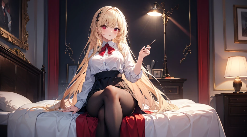 Highest quality, masterpiece, figure, wallpaper,One girl,White shirt, Light Hair, Beautiful detailed girl, Highly detailed eyes and face, Beautiful attention to detail, Shine,Browsing Caution, View your viewers, bed, night, Black Pantyhose, Straight hair, Red Eyes, long hair,Blonde, thick_Thighs, Large Breasts, Red eyes,Sitting,Detailed fingering,clear background, deep night